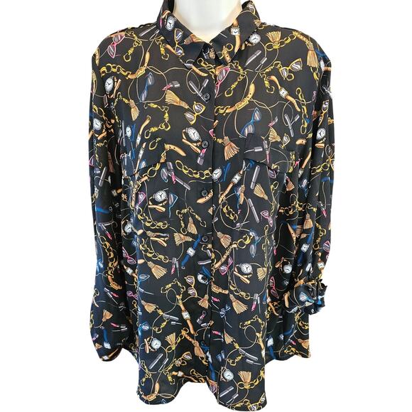 Apt 9 XXL novelty make up girly feminine printed top Roll tab sleeve NWOT black - Picture 1 of 7